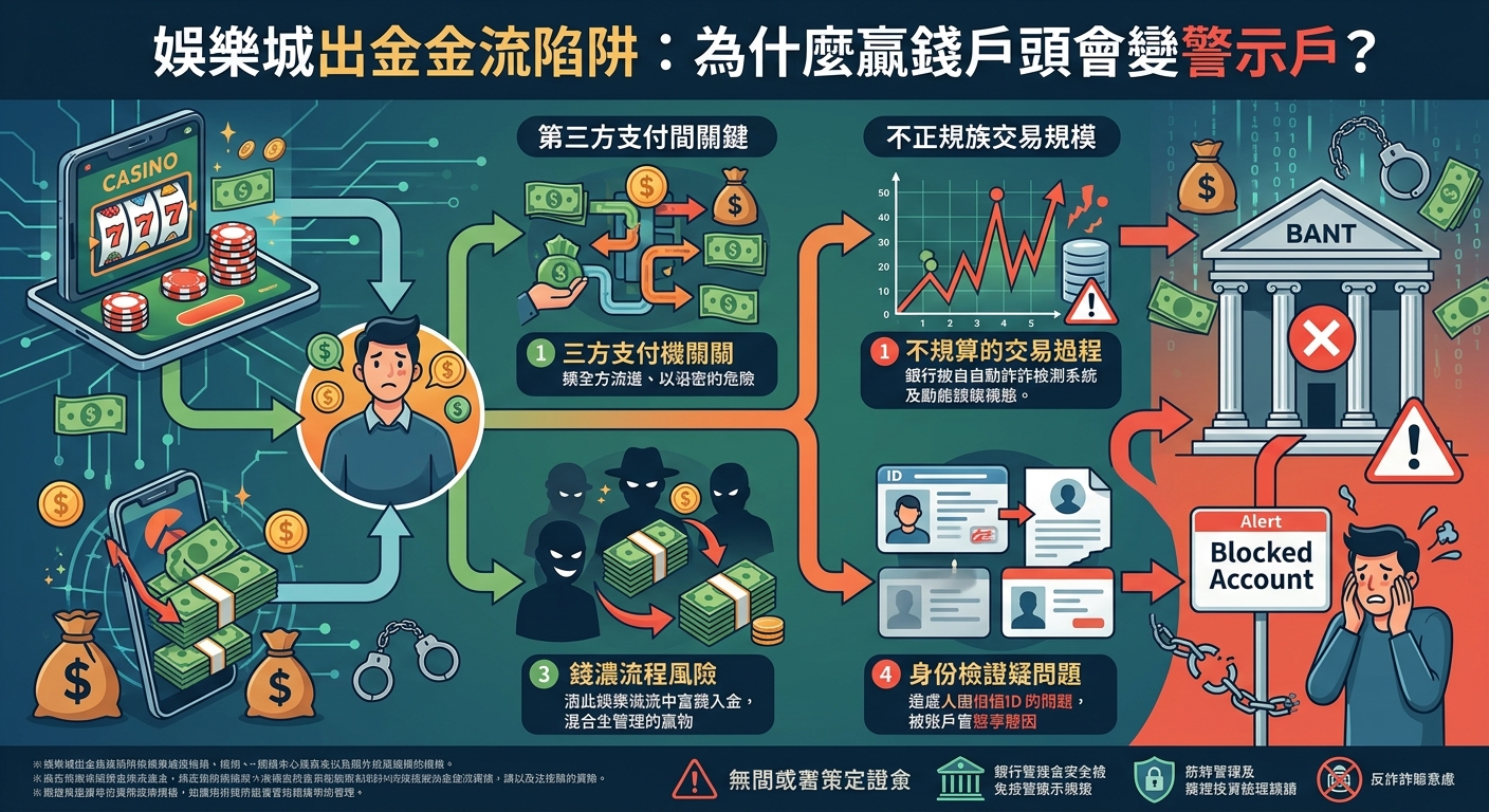這幅圖片是一個詳細的資訊圖表，用來解釋娛樂城出金金流陷阱以及贏錢戶頭為何會變成警示戶。 畫面中包含了多個視覺元素，如手機、賭場圖案、資金流向箭頭、黑影人頭像以及被凍結的銀行帳戶，清晰地展示了資金運轉過程中的風險。